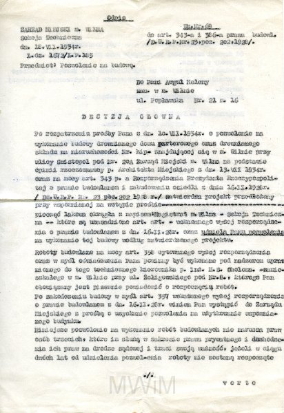 KKE 5789.jpg - Dok. Decyzja Główna sporządzona przez Zarząd Miejski w Wilnie w sprawie zgody/pozowlenia na budowe domu drewnianego dla Heleny Awgul, Wilno, 1934 r.